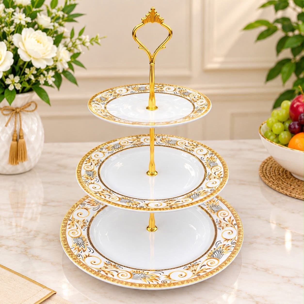 Three Layer Fruit Stand-White Golden (Model-5)